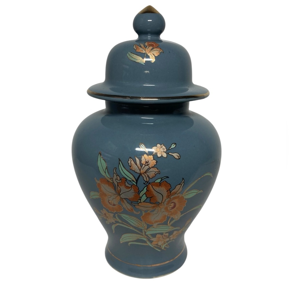 Ginger Jar Blue Gray Flowers with Lid Ceramic 6" Japan.